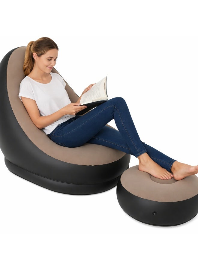 Inflatable Sofa Chair with Ottoman – Comfortable Air Lounge Chair with Footrest | Portable Flocking PVC Recliner Seat for Indoor, Outdoor, Camping & Relaxation - Image 3